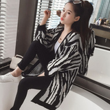 2016秋装韩版通勤斑马条纹黑白色宽松大码针织开衫毛衣女式外套女