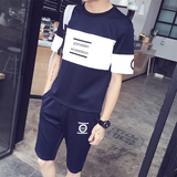 夏短袖圆领T恤男套装大码修身印花韩版青年学生潮运动休闲健身服