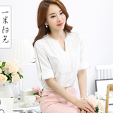 半袖女雪纺衫女纯色 2016夏季女装新款V领上衣 韩版白色蕾丝小衫