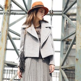 原创设计2015冬新款浅灰色拉链翻领羊毛呢外套夹克女短款