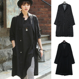 2016夏季韩版新款女装外套上衣波点黑色西服领简约中长宽松女风衣