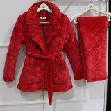 玉茄子冬款女士加厚双面珊瑚绒夹棉睡衣套装棉衣保暖红色家居服
