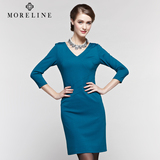 沐兰MORELINE专柜春季新款气质修身蓝色长袖A字连衣裙女夏 中长款