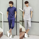 夏季薄款男装立领短袖T恤青年韩版修身型亚麻潮流七分裤休闲套装