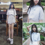韩版夏季女装甜美学院风V领抽绳系带套头衬衫娃娃衫上衣打底衫女