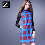 ZK女装2016冬装新款格子无袖圆领连衣裙修身显瘦蓝红撞色一步裙子