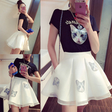 韩国代购蘑菇街2016春夏装新款韩版女装字母蓬蓬两件套套装裙潮