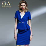 GA夏季新款高端欧美职业女装套装蓝色短袖西装套裙气质白领工作服