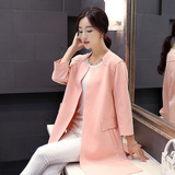 韩版秋装新款女纯色中长款优雅舒适时尚毛呢外套修身收腰学生风衣