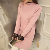 2015冬装新款甜美纯色假两件连衣裙蕾丝拼接针织中长款套头毛衣女