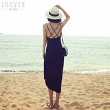 16夏度假沙滩中短裙修身显瘦性感露背吊带背心连衣裙长裙子小黑裙