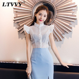 LTVVY韩版修身职业衬衫女2016夏新款性感透视荷叶领无袖格子上衣