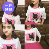 韩版ulzzang可爱猫先生粉色少女闺蜜学生装宽松大码短袖T恤女