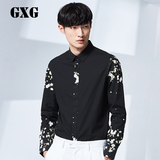 GXG男士长袖衬衫修身韩版春夏季衬衣男装青年休闲黑色衬52103002