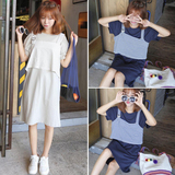 夏季韩版女装无袖条纹吊带背心+宽松大码中长款T恤裙两件套装女潮