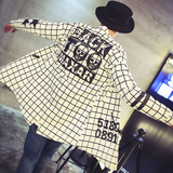 男人花原创男装 韩版2015中长款长袖格子衬衫 男宽松薄款字母印花