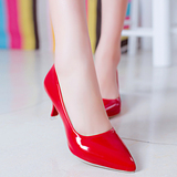 2016新款春季浅口单鞋优雅尖头漆皮细跟女鞋中高跟性感红色工作鞋