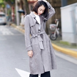 loveme原创设计2016秋中长款灰色女式修身麂皮绒鹿皮风衣外套