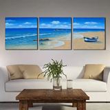 手绘蓝色大海油画三联组合现代家居装饰无框画海滩海景风景装饰画