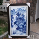 中式客厅高档装饰画玄关挂画壁画有框画名家手绘青花山水陶瓷板画