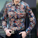 男装秋冬季韩国金丝绒真丝长袖衬衫时尚修身植绒个性花衬衣中年潮