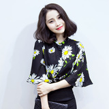 2016夏季韩版新款复古印花雪纺衫五分喇叭袖宽松短袖立领女士衬衫