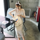 夏季女装韩版时尚休闲套装蕾丝网纱连衣裙+中长款吊带背心两件套