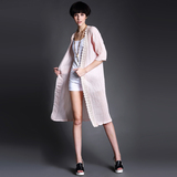 欧美女装2015夏季新款修身马甲蕾丝花边亚麻针织中长款开衫七分袖