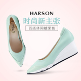 哈森2016新品简约牛皮女款坡跟浅口尖头单鞋HS68421