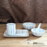 和风京瓷日式陶瓷餐具手绘彩线杯子盘饭碗碟四件套厨房家具ZAKKA