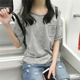 EKOOL基础破洞V领口袋短袖T恤 韩版夏季简约显瘦打底衫女 2件包邮