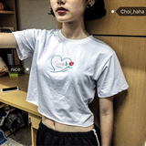 韩国ulzzang夏季女装原宿花朵刺绣短袖短款T恤韩版修身aa上衣学生