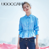 UGOCCAM2016秋装新款女装个性纯色单排扣松紧收腰打底衫长袖衬衫