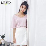 LRUD2016夏季新款韩版V领蕾丝花边拼接短袖T恤女宽松纯色打底衫