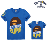 齐齐蛙一家三口亲子装夏装2015新款猿人头蓝色圆领短袖父子装T恤