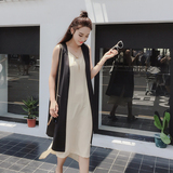 2016韩版夏季女中长款背心吊带连衣裙子无袖雪纺西装马甲两件套装