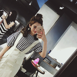 JOJO定制女装2016夏季新品黑白条纹T恤拼接喇叭袖圆领上衣打底衫