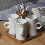 厂家直销批发陶瓷咖啡杯碟带勺 创意纯白家用通用花茶杯配木座架