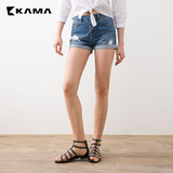 卡玛KAMA女装2016夏季新品破洞牛仔短裤时尚修身直筒中裤7216265