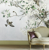 定制大型壁画 中式精致工笔花鸟影视墙背景墙壁纸墙纸 复古 墙布