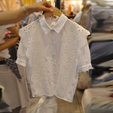韩国东大门代购2016夏季新款韩版蕾丝花边拼接短袖白色衬衫女上衣