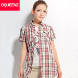 Oqueenz2016新款韩版修身衬衣中长款英伦格子衬衫女短袖薄款