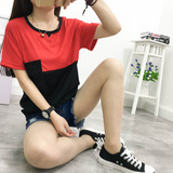 2016夏季新款韩版女装A字母刺绣半袖上衣宽松显瘦撞色短袖T恤女衫