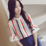 2016夏季新款韩版女装 休闲百搭宽松彩色条纹圆领喇叭袖雪纺衬衫