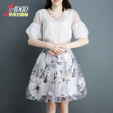 2016夏装新款韩版雪纺上衣欧根纱印花中长款短袖两件套连衣裙套装