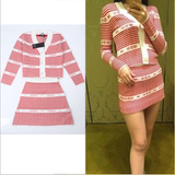 秋冬新款红白条纹羊毛针织开衫外套 +半身裙套装 现货