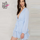 Haoduoyi2016春夏新款 欧美风性感深V雪纺裙 宽松系带束腰连衣裙