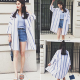 2016夏新款韩版宽松显瘦中长款条纹七分袖衬衫薄外套空调防晒衫女