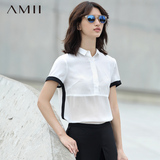 #Amii[极简主义] 2016夏新品撞色拼接透视下摆大码衬衫女11681241