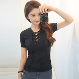 夏季新款韩版简约系带V领短袖T恤女修身显瘦百搭性感显胸打底上衣